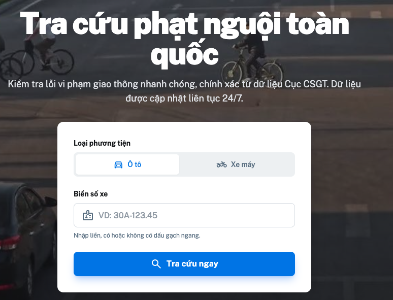 bước 1, nhập thông tin biển số và loại phương tiện