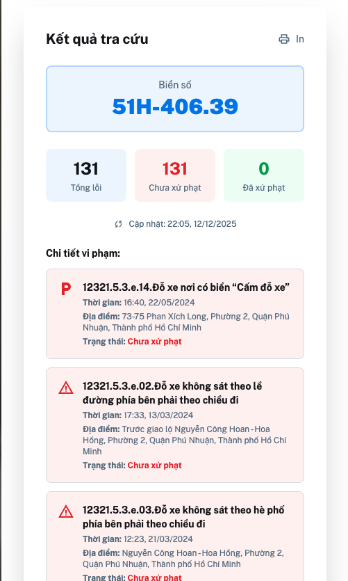 Bước 2, thông tin chi tiết các lỗi vi phạm