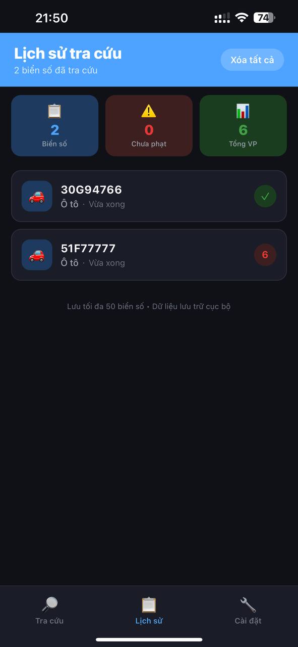 lịch sử các biển số xe đã tra cứu